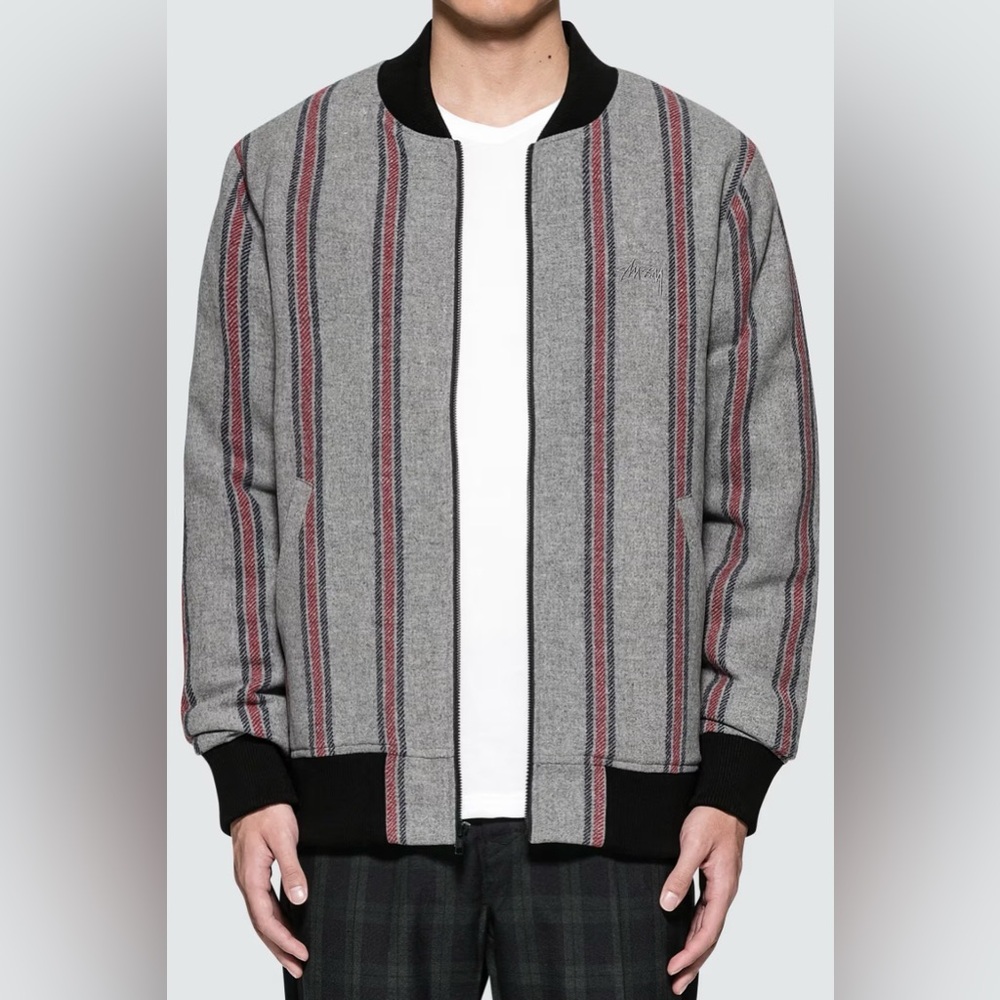 STUSSY stripe bomber jacket fitted hipster gray red zipper street light wool M